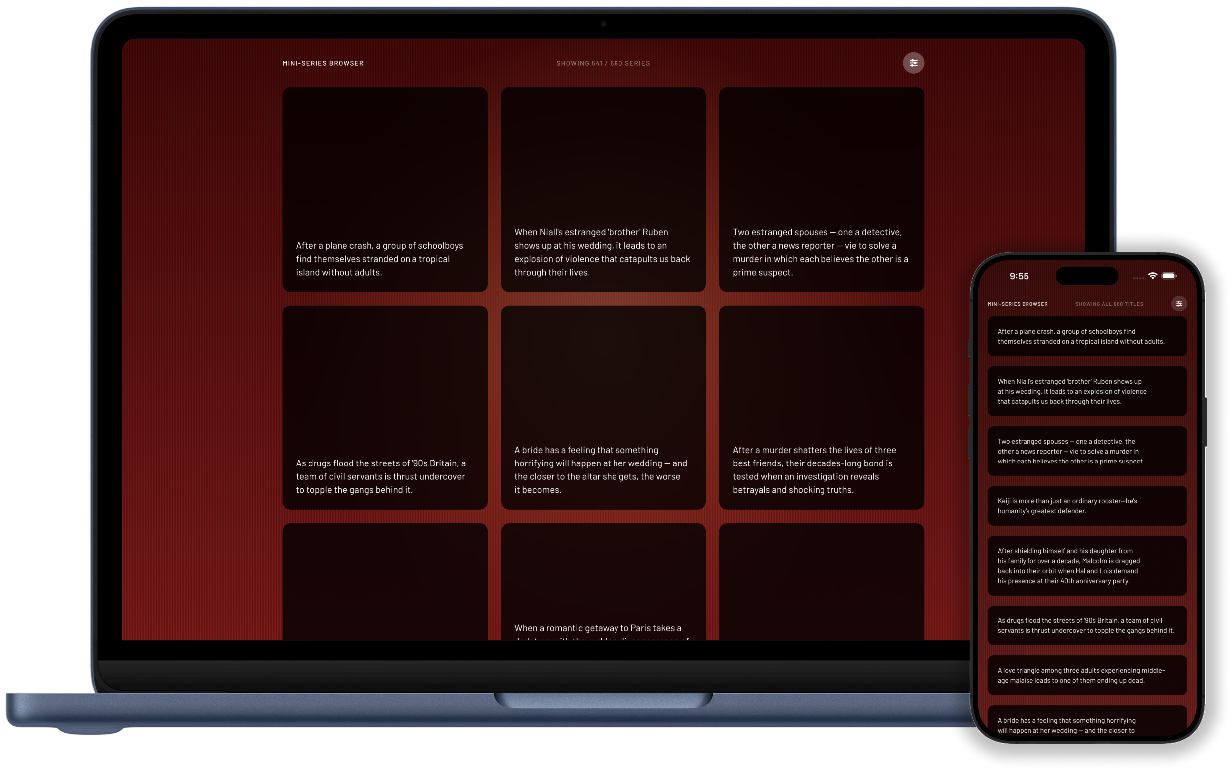 1 of 4: Mini Series Browser descriptions-only view on desktop and mobile