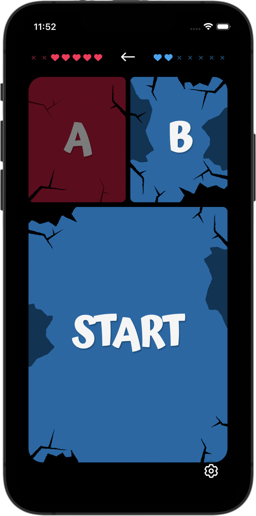 5 of 10: NextPhrase team screen with both teams missing hearts
