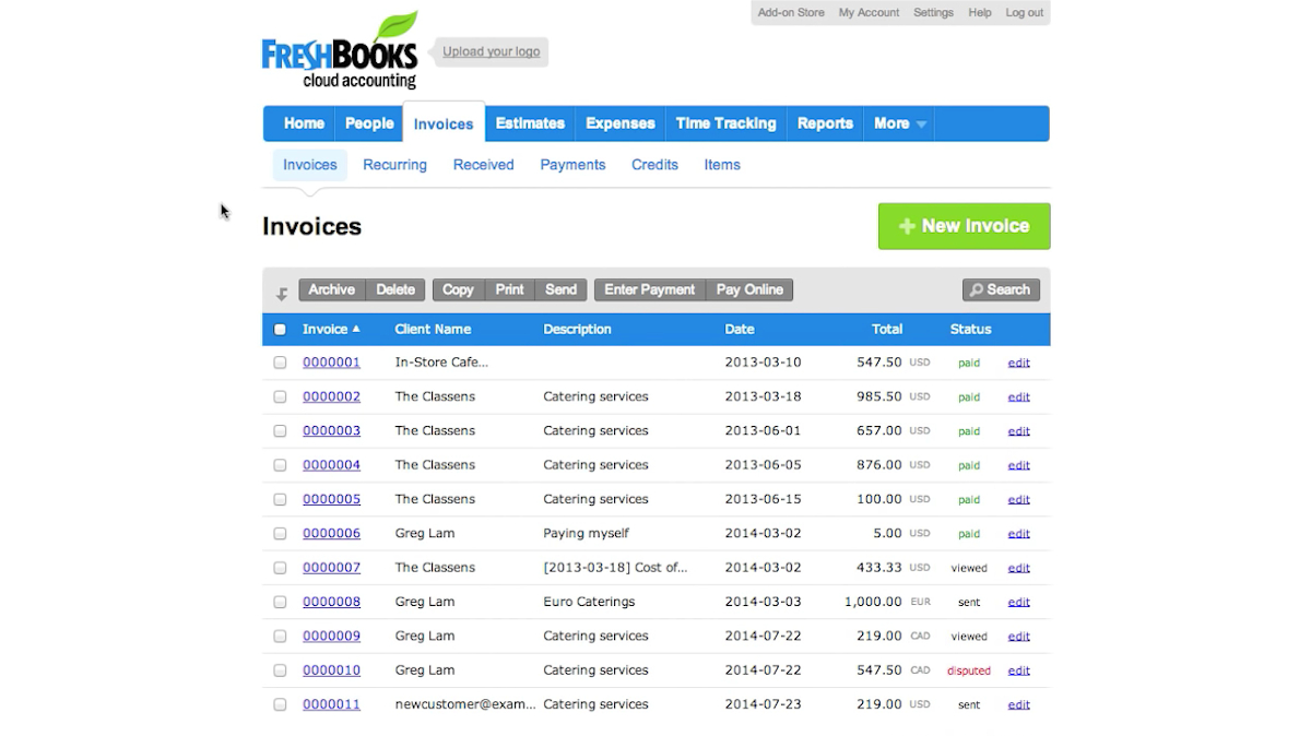 An early FreshBooks redesign exploration organized around clients
