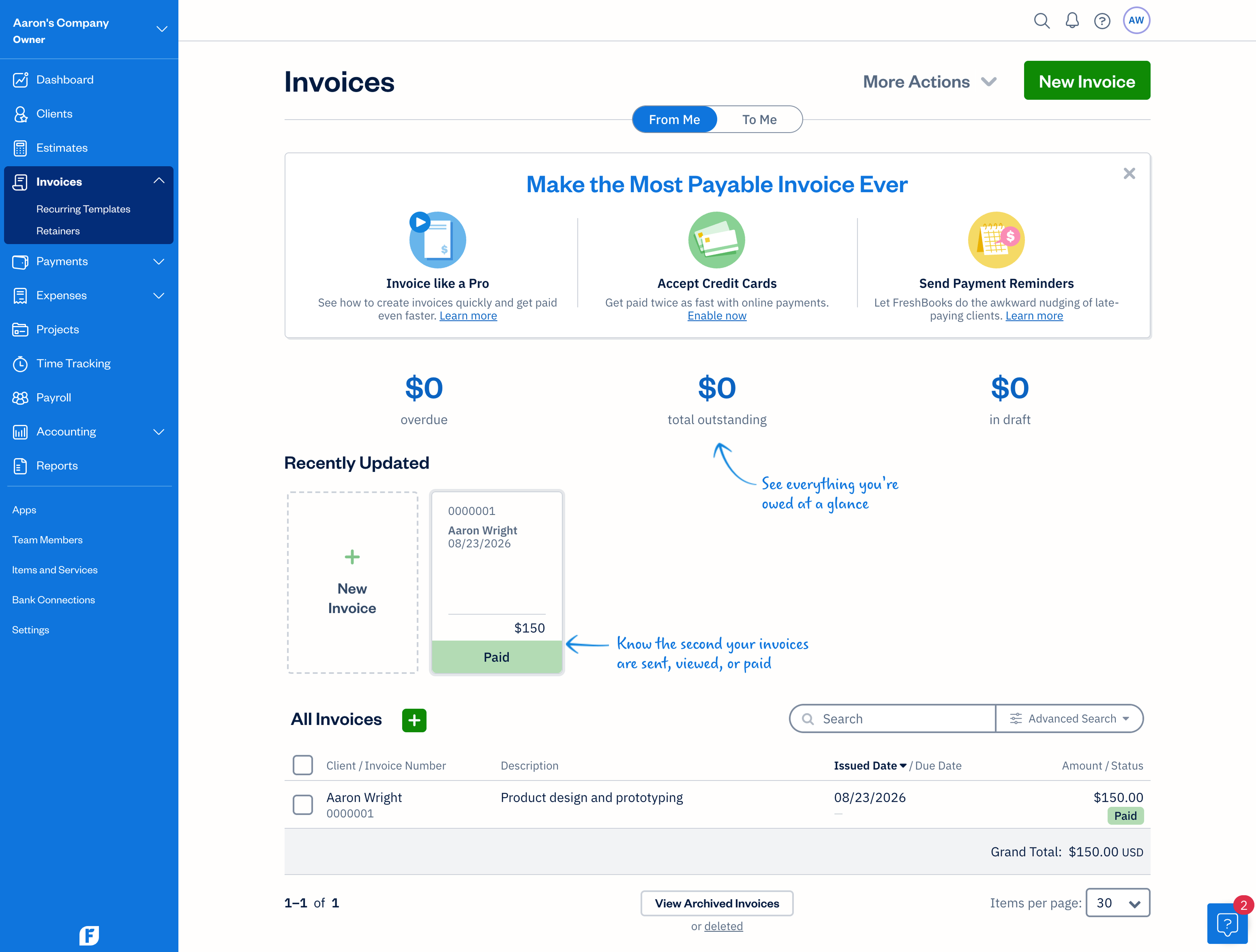 An early FreshBooks redesign exploration combining client activity