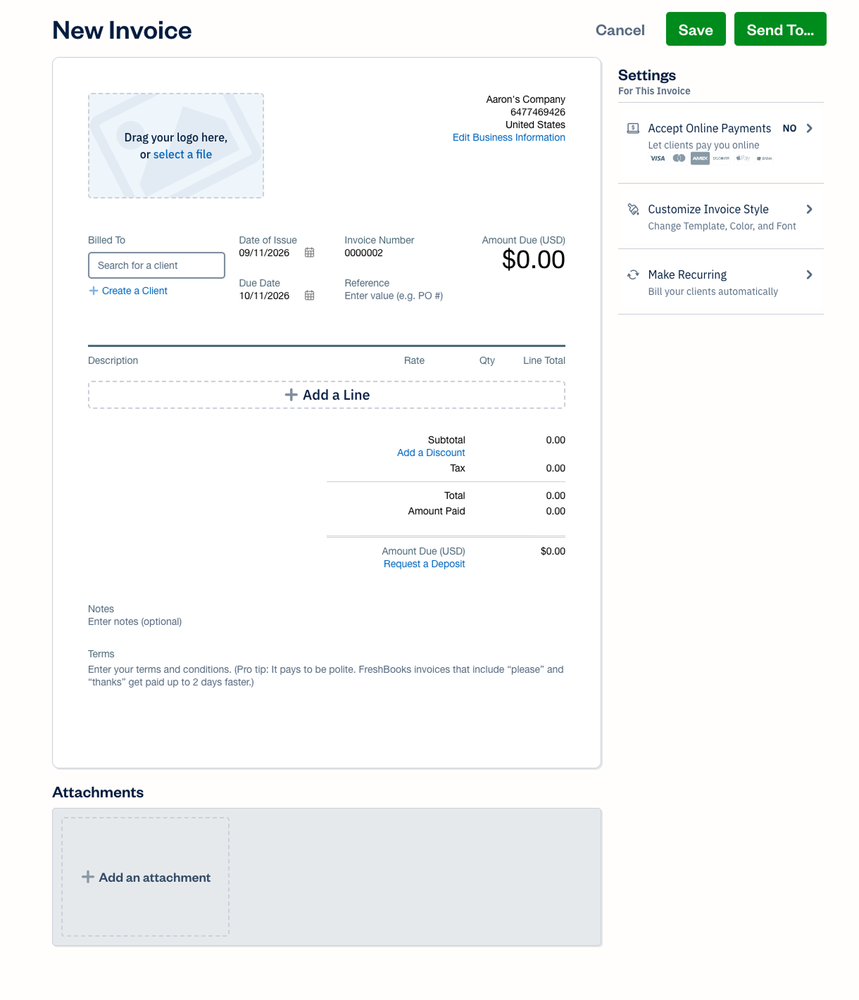 The current FreshBooks invoice editor