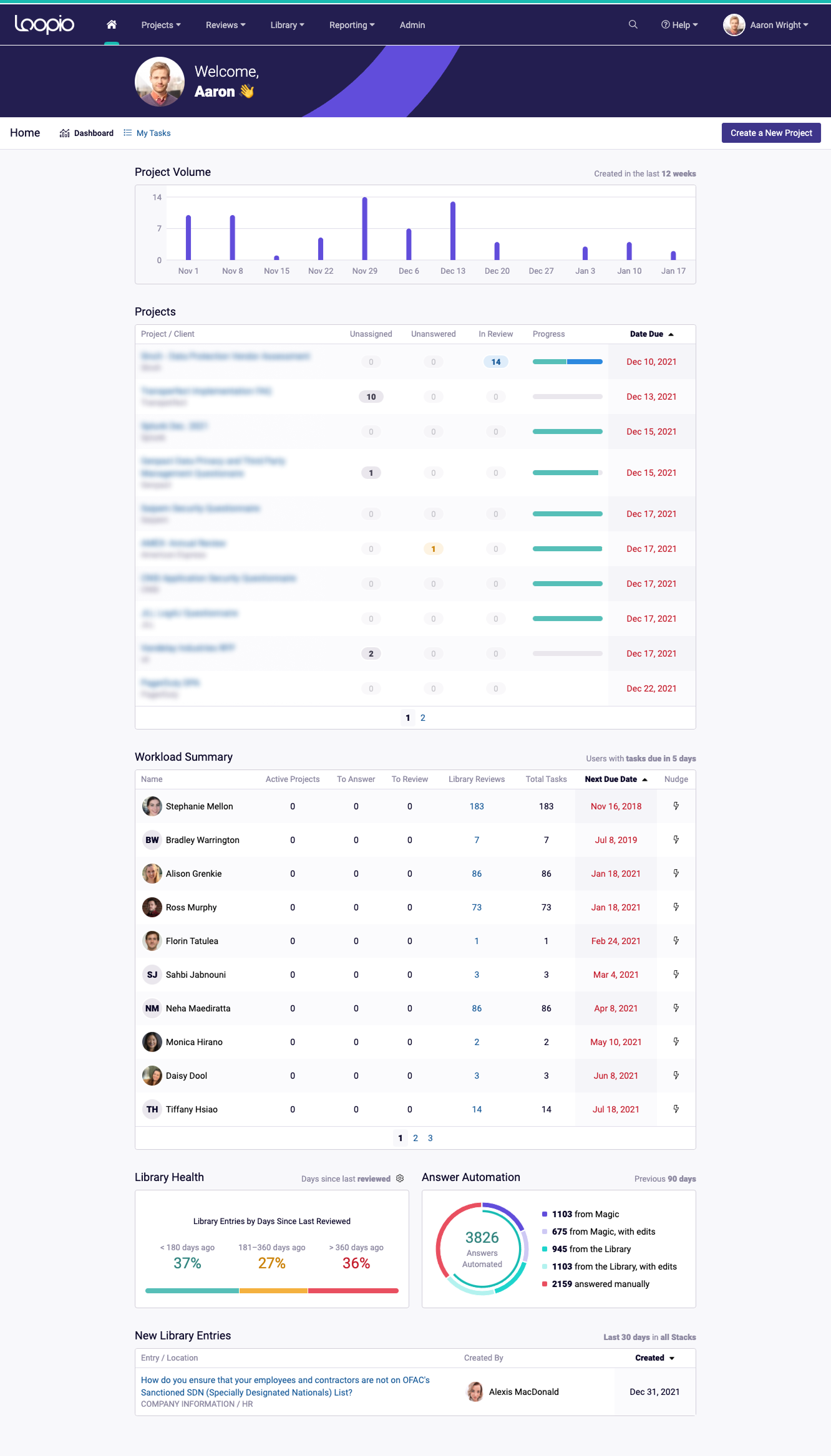 Loopio project workspace in the current product