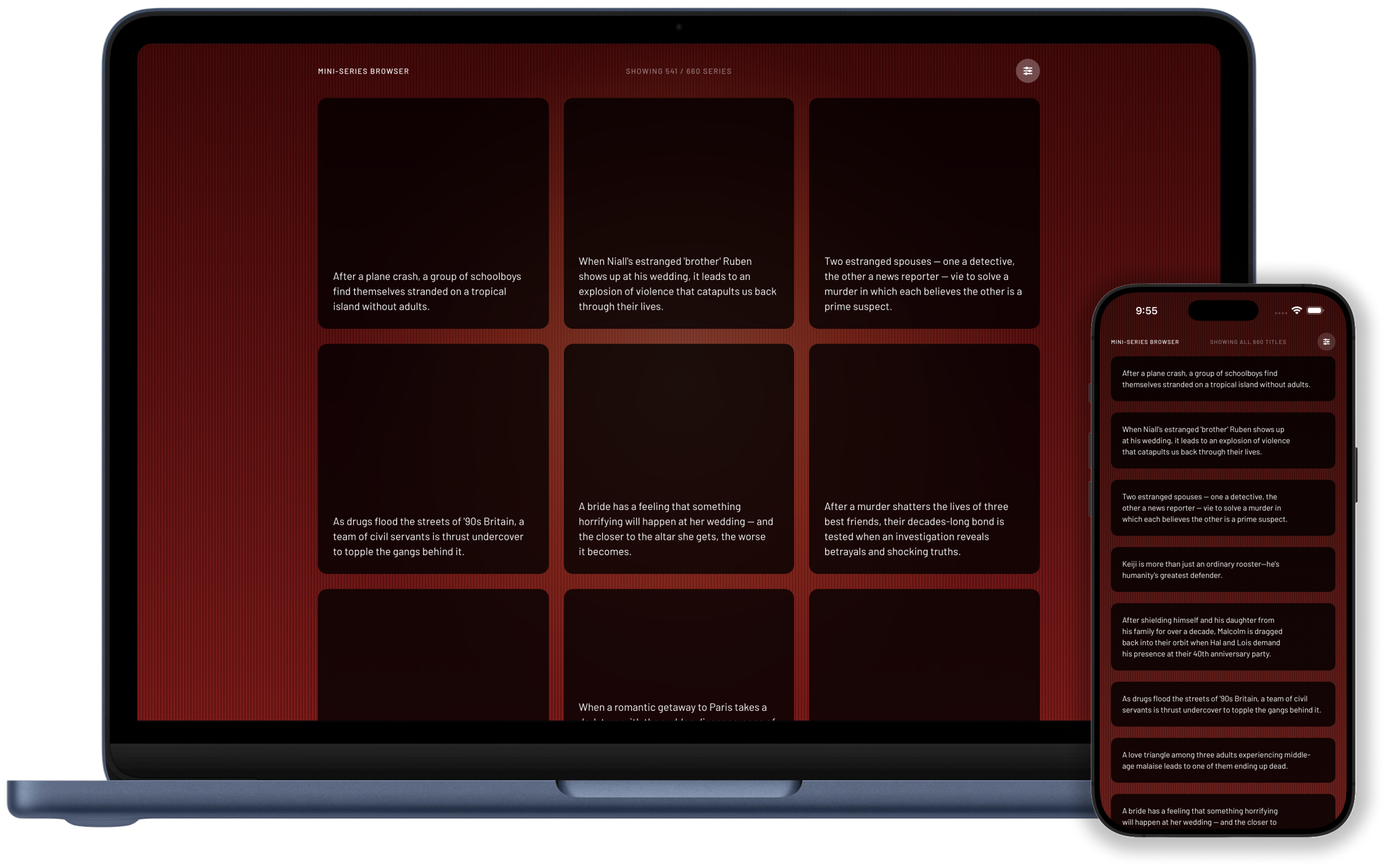 1 of 4: Mini Series Browser descriptions-only view on desktop and mobile